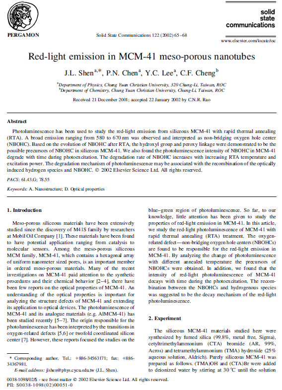 文献刊登：Red-light emission in MCM-41 meso-porous nanotubes