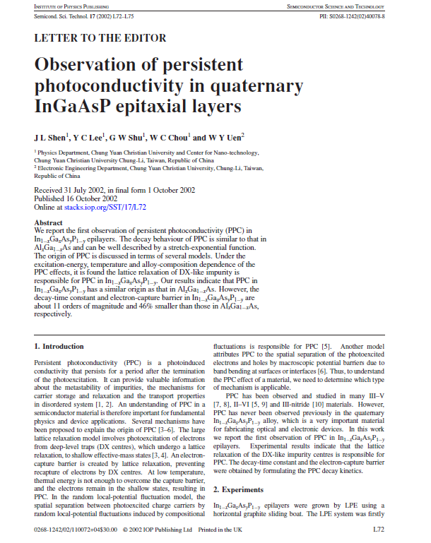 文献刊登：Observation of persistent photoconductivity in quaternary InGaAsP epitaxial layers